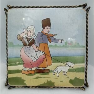 Vtg Hand Painted Tile w Dutch Kids & Dog‎  Heavy Stoneware 6 3/4" *READ*